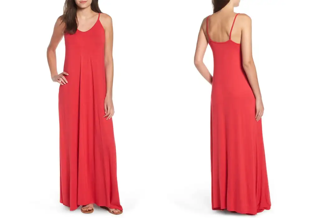 Model showing two angles of the Loveappella Maxi Dress in red
