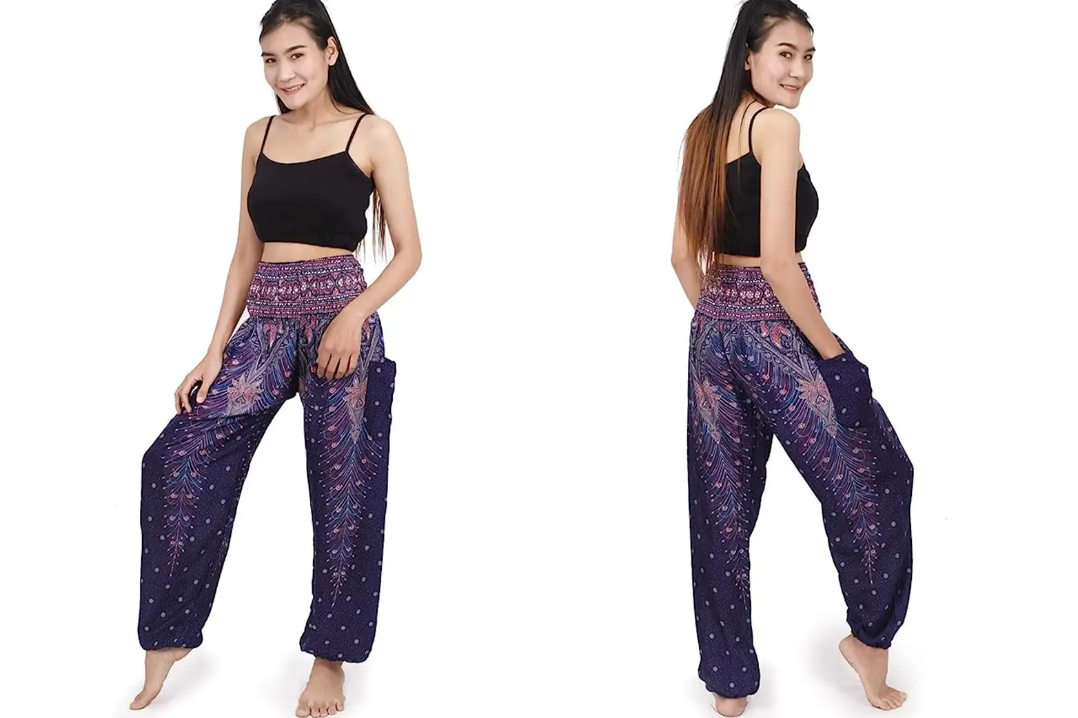Female modeling multi color Palazzo Leggings from front and back right side