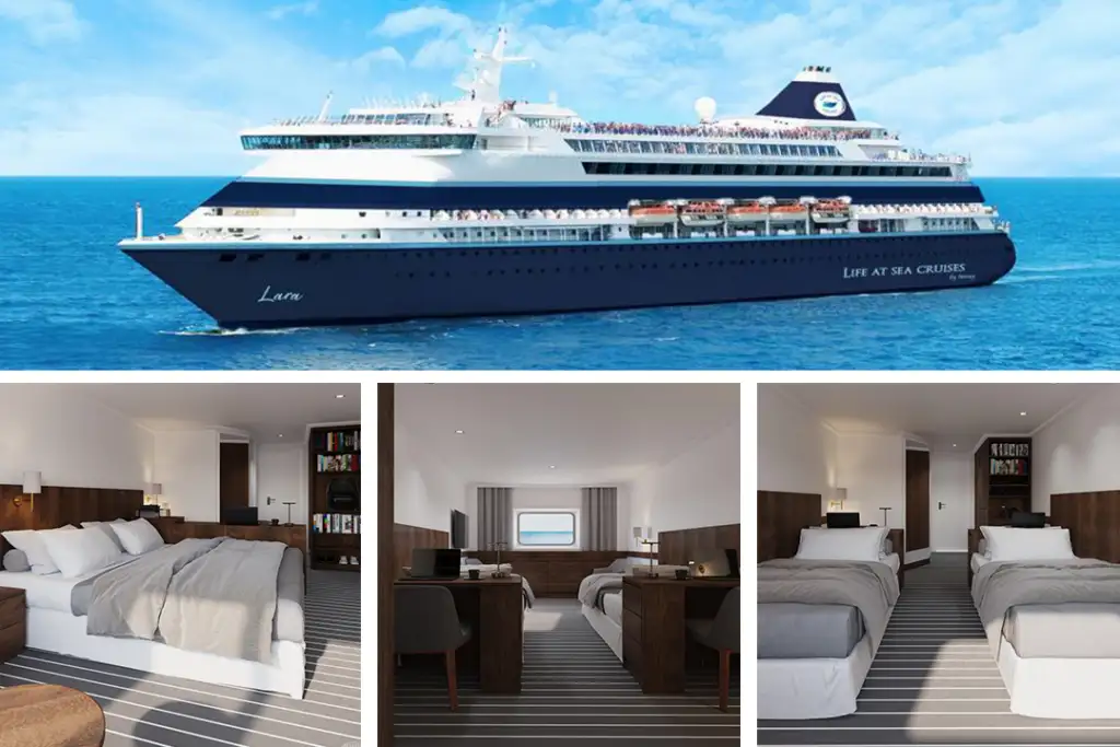 Top - Cruiseship MV Lara; Bottom Left - Balcony Queen Room; Bottom Center - Twin Work Counters facing the desks and window; Bottom Right - Twin Work Counters facing beds and door