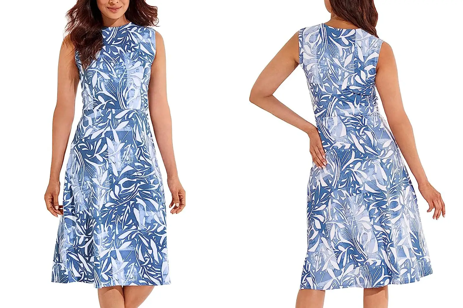 Female modeling blue and white floral patterned dress front and back 