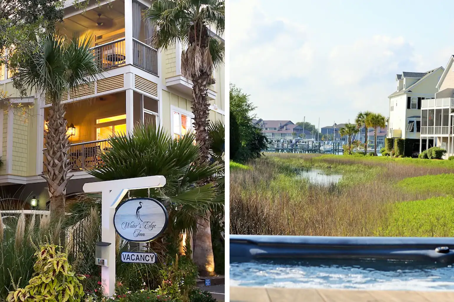 Left: Water's Edge Inn's sign and exterior with palm trees; Right: View of marina from the hot tub