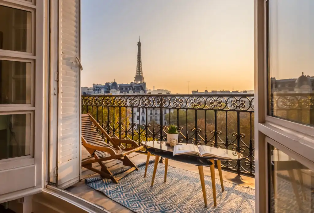 View of Eiffel Tower from hotel room in Paris, France