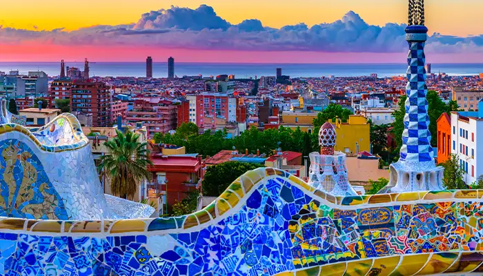 Skyline panorama of Barcelona at sunrise. Spain