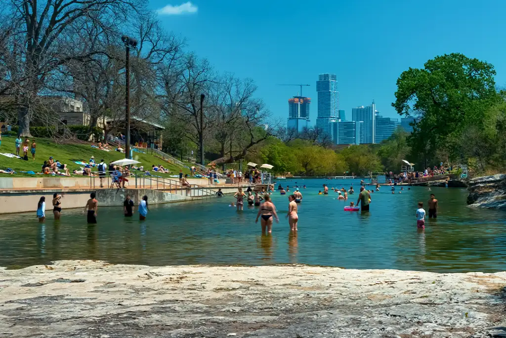 Barton Springs natural cold spring swimming pool in downtown in Austin Texas