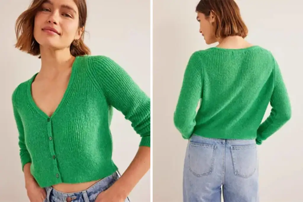Model wearing the Boden Fluffy Cropped Cardigan in green