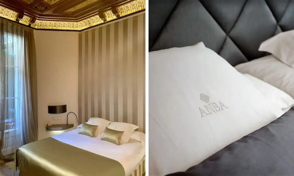 The bed and bedding of a guest room at the Anba Boutique Hotel in Barcelona, Spain