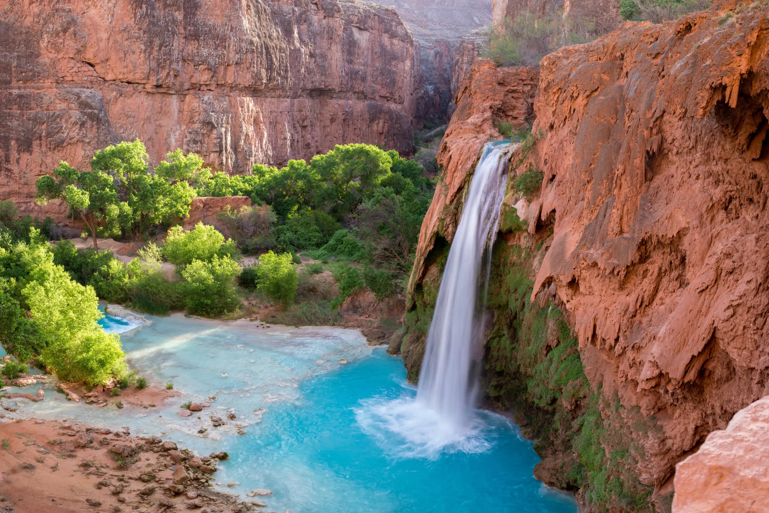 A view of Havasu Falls from the hillside above in the Grand Canyon