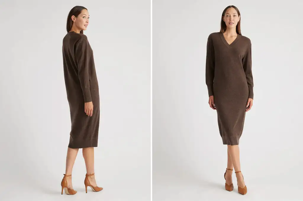 Quince Mongolian Cashmere V-Neck Midi Dress, the Best Cashmere Dress for Fall travel