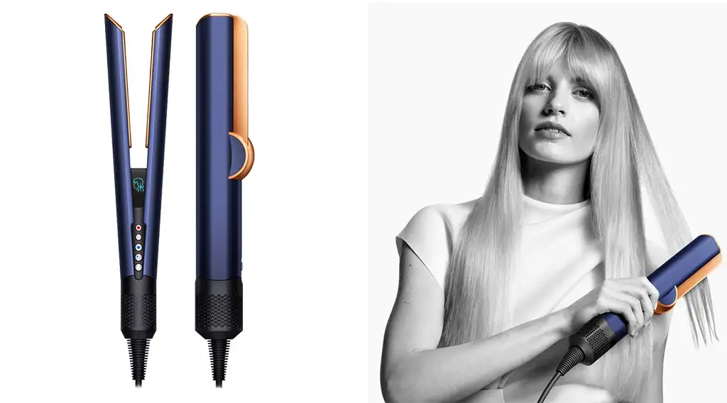 Dyson Airstrait, a travel hair tool (left) and a model using the tool (right)
