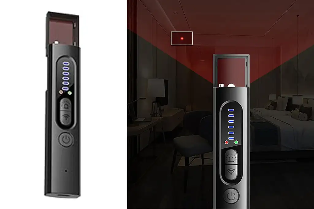 Hidden Camera Detector (left) and digital illustration of how to use the hidden camera detector (right)