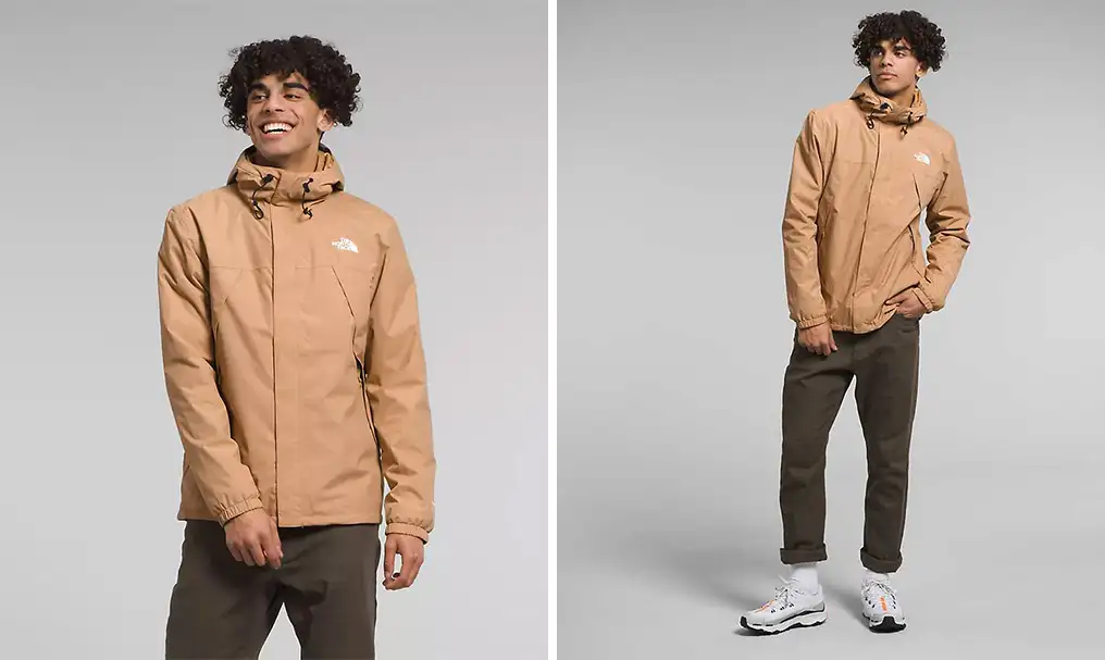Model showing two angles of the The Antora Triclimate Jacket in tan