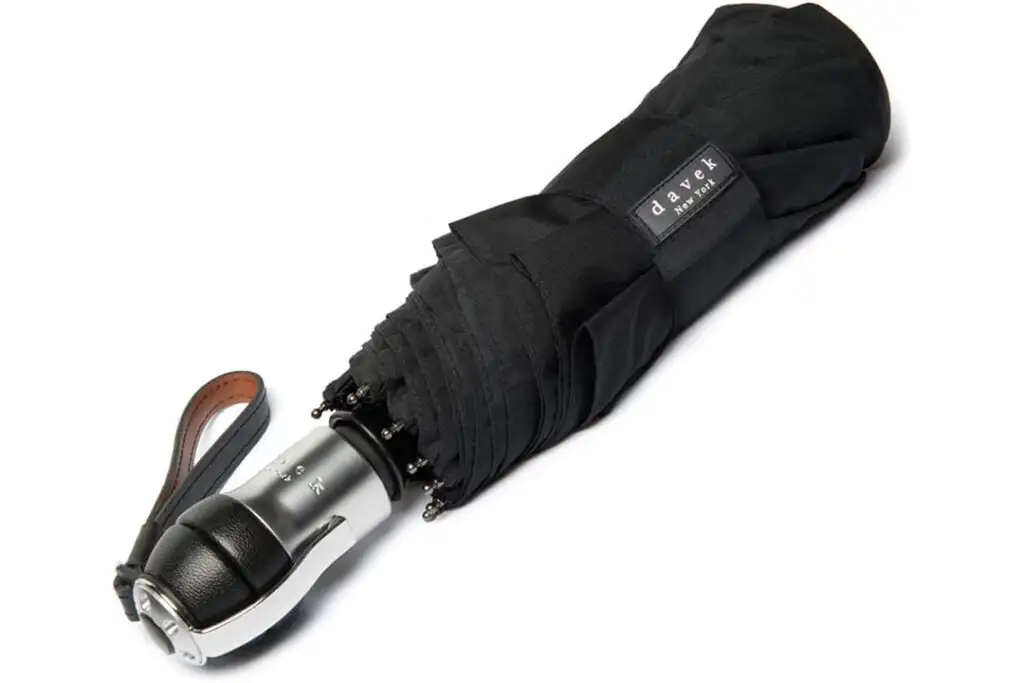 Davek Solo Umbrella in black, collapsed and held together with a velcro strap, best travel umbrella