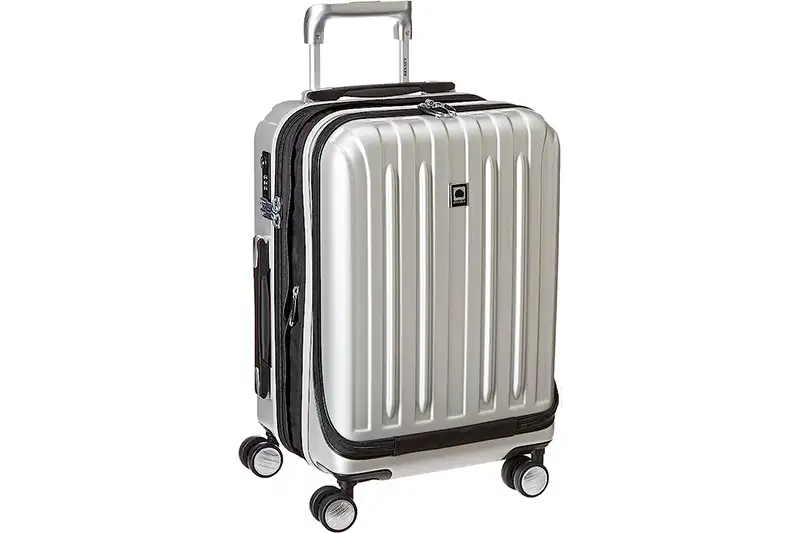 Delsey Paris Titanium Hardside Expandable Luggage in silver, a compact expandable suitcase for travel