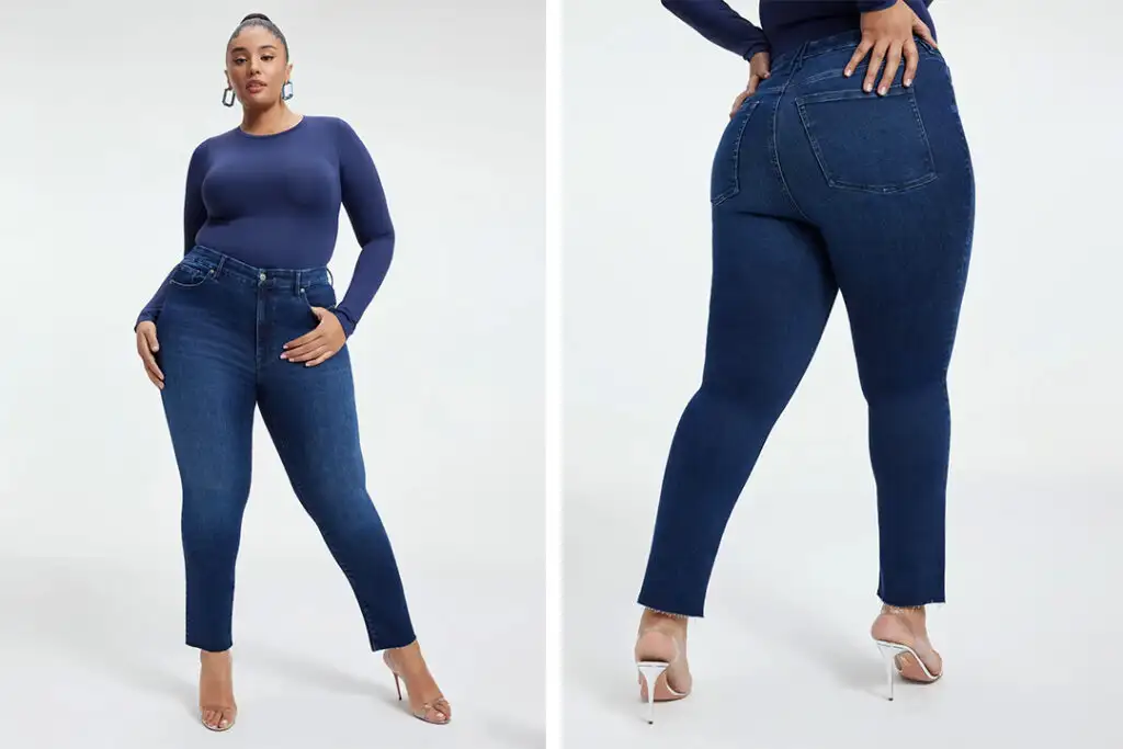 Model showing two angles of Good American jeans