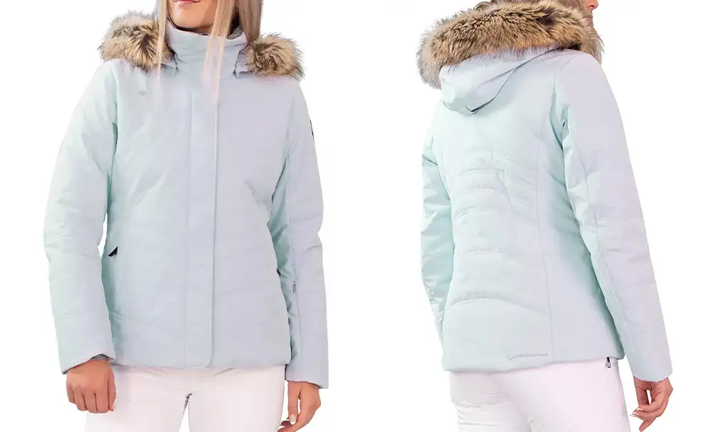 Model showing two views of the Obermeyer Women's Tuscany II Jacket in light blue