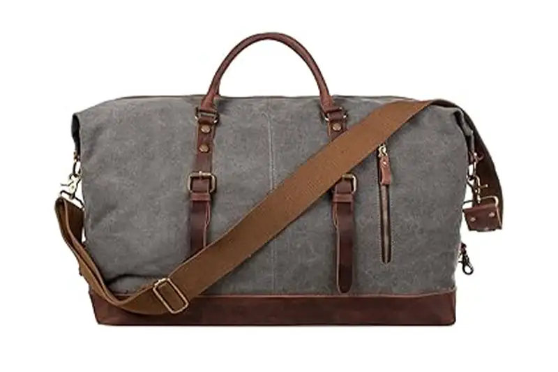 S-Zone Canvas Weekend Bag in grey canvas and tan leather