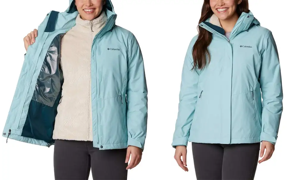 Two views of the Columbia Bugaboo II Fleece Interchange 3-in-1 Jacket, open and closed