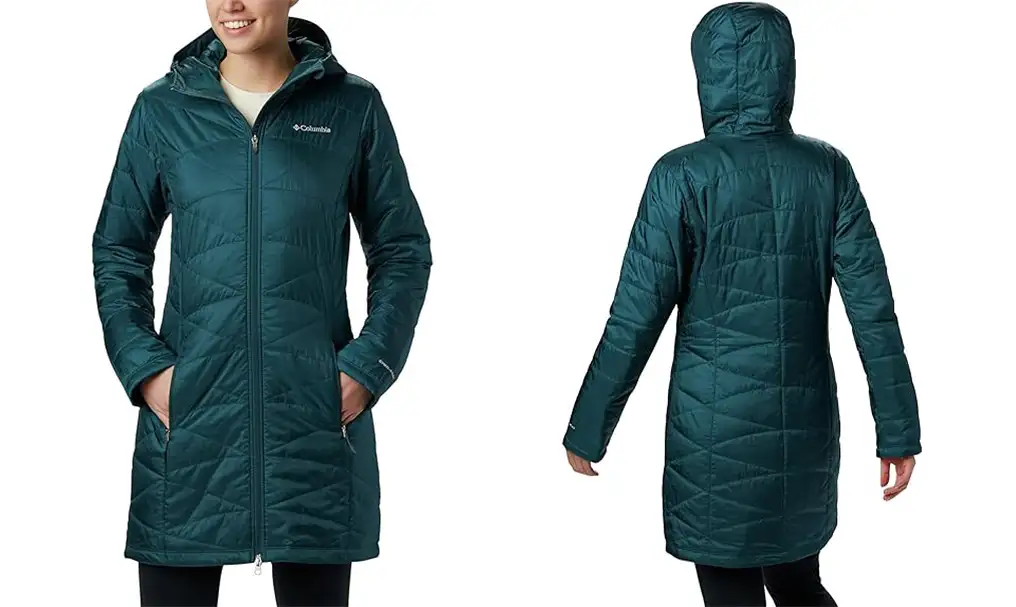 Model showing two views of the Columbia Women's Mighty Lite Hooded Jacket in teal
