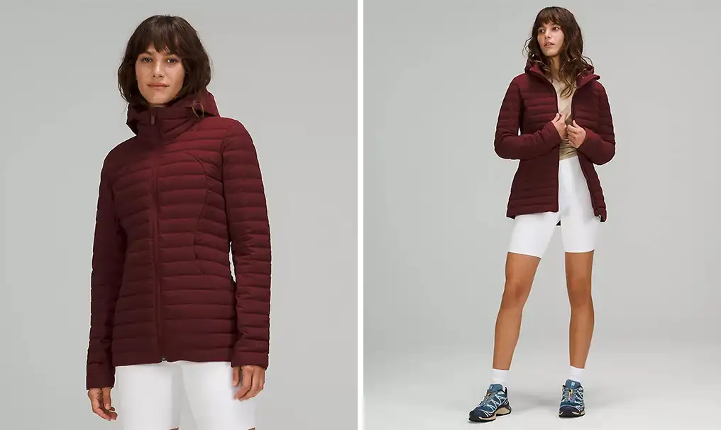 Model showing two angles of the Lululemon Pack It Down Jacket in maroon