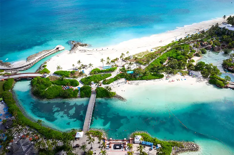 Aerial view of roads running over water and surrounding beaches near Nassau, Bahamas