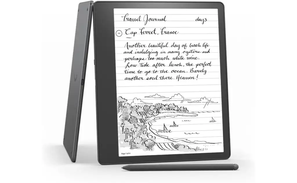 Amazon Kindle Scribe with drawing of a coastline and a paragraph of text and pencil