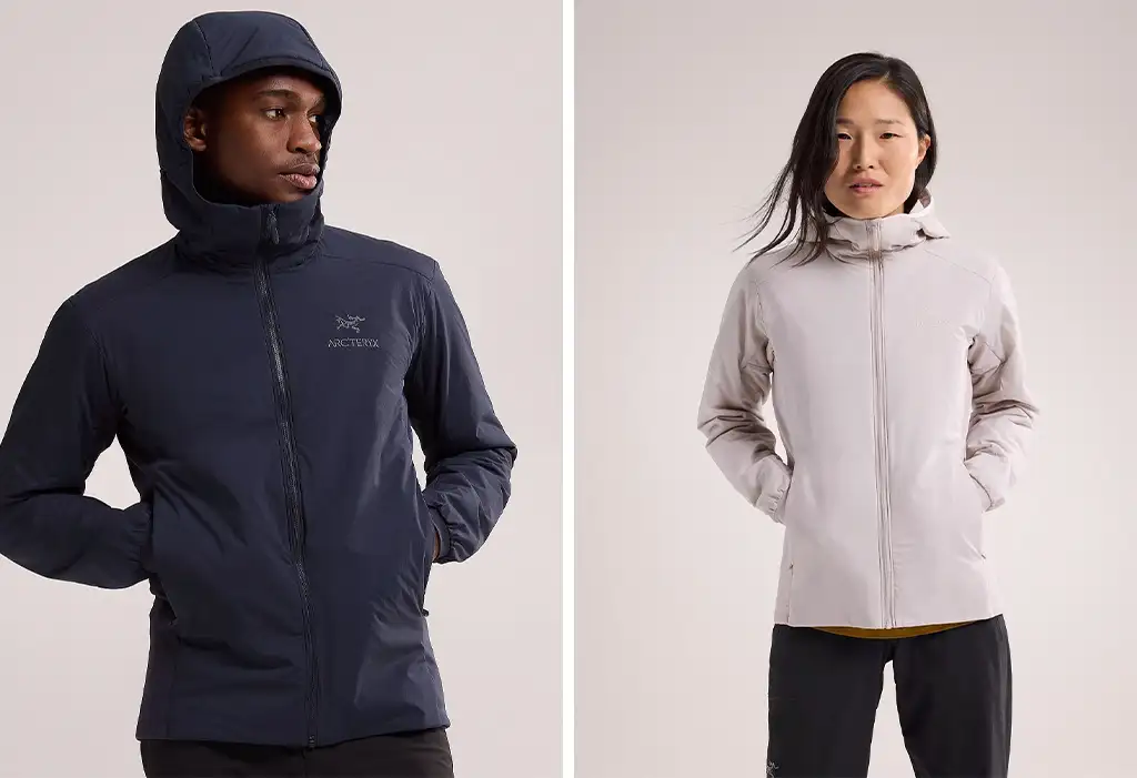 Models showing the Arcteryx's Atom Hoody in men's and women's sizes