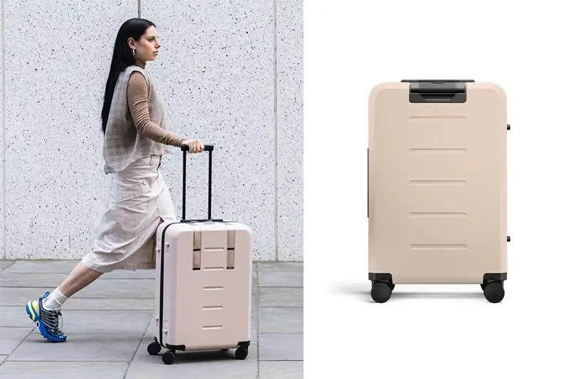 Woman pulling the D_b_ Ramverk Ramverk Check-in Luggage Medium (left) and a close up of the same suitcase (right)