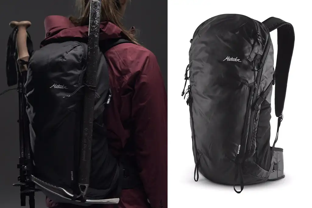 Person wearing the Matador Beast18 Ultralight Technical Backpack (left) and a standalone image of the Matador Beast18 Ultralight Technical Backpack (right)