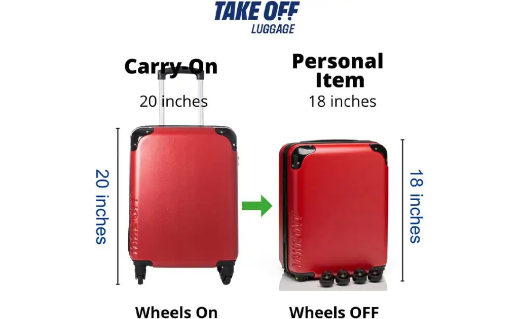 Take Off Luggage Personal Item Suitcase in red showing both configurations.