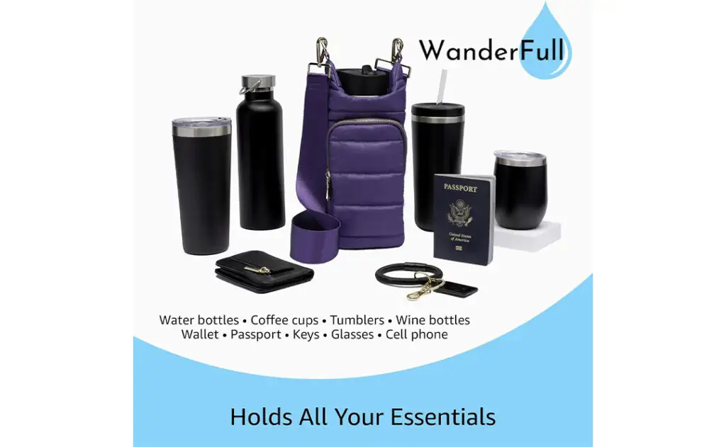 Showing all of the things you could fit into the Wanderfull Crossbody HydroBag