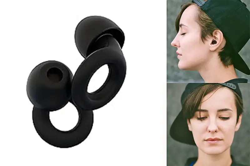Close up of the Loop Quiet Earplugs (left) and two angles of person wearing the Loop Quiet Earplugs to show their unobtrusive silhouette