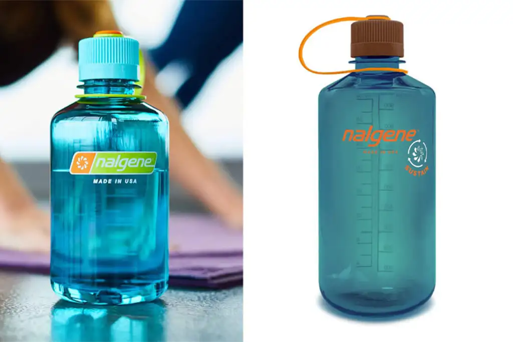 Two images, one standalone on a white background and one in the foreground of an image of a yoga class, of the Nalgene Sustain Water Bottle