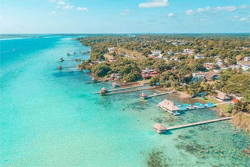 Aerial view of Bacalar Lagoon in Bacalar, Mexico