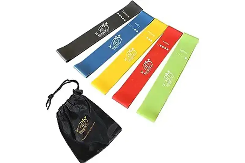 Five multicolored Fit Simplify Resistance Bands and small carrying bag
