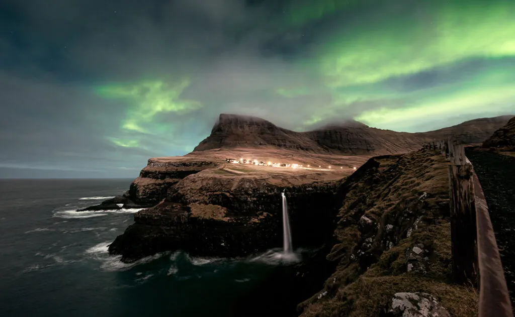 Gasadalur with Aurora borealis - Faroe Islands - Winter