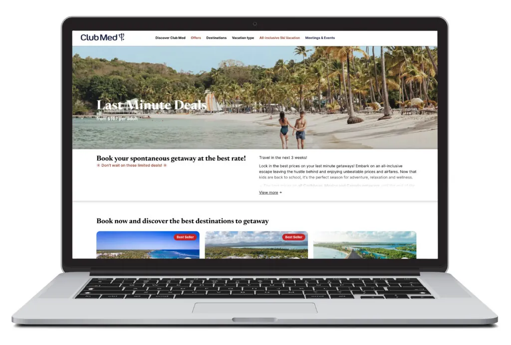 Open laptop showing homepage of Club Med, a place where you can book last minute packages at Club Med resorts