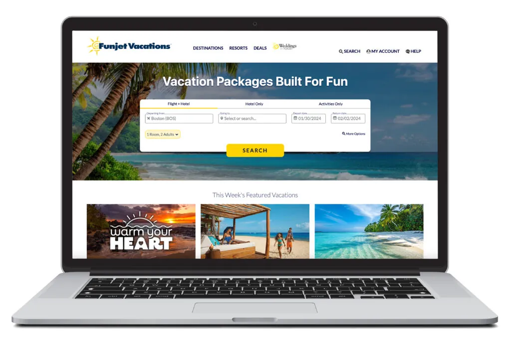 Open laptop showing homepage of Funjet Vacations, a place where you can book last minute travel