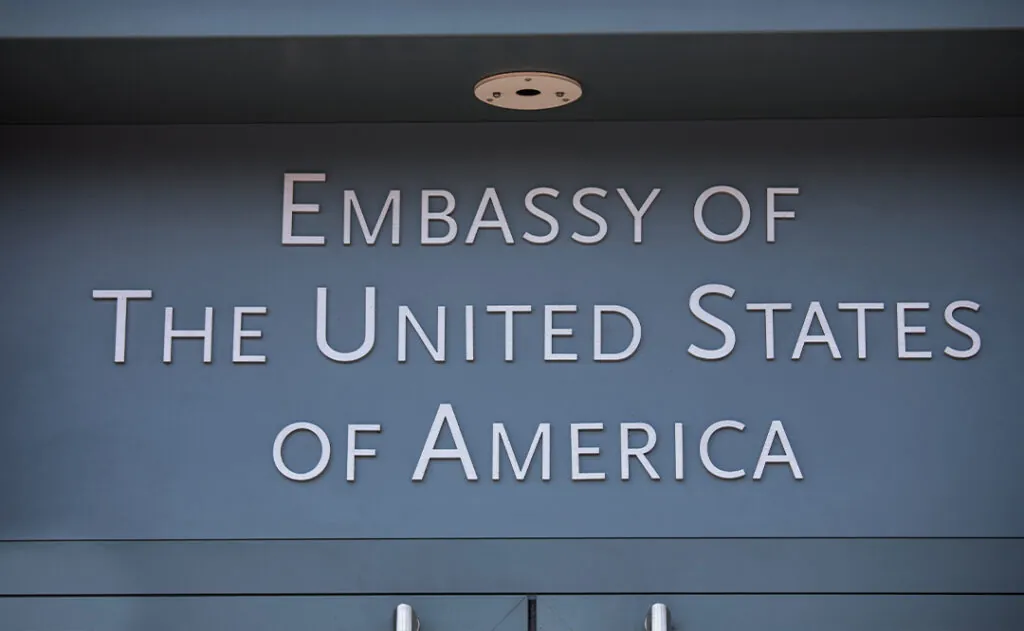 american flag on an american embassy