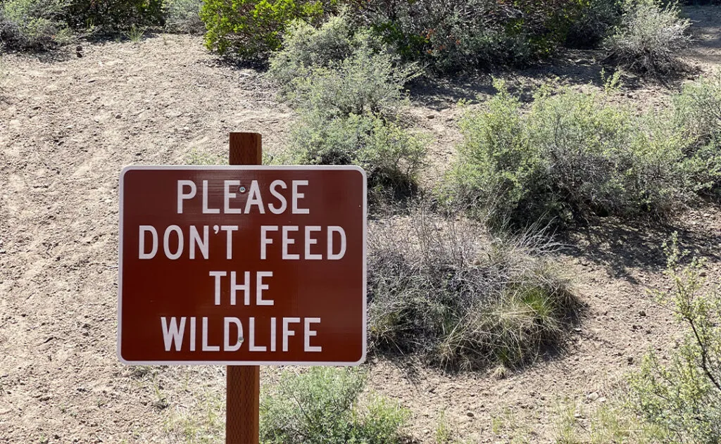 Please don't feed the wildlife sign is displayed with green foliage in the background