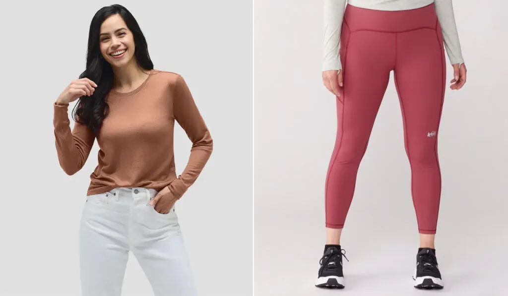 Long sleeve top from Unbound Merino (left) and Swiftland 7/8 Running Tights from REI Co-op (right)
