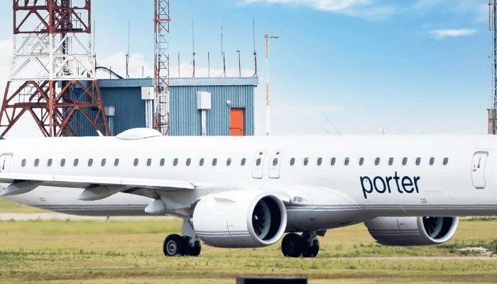 Calgary Alberta Canada, September 17 2023: Porter Airlines aircraft taxiing beside a take off runway at Calgary International Airport